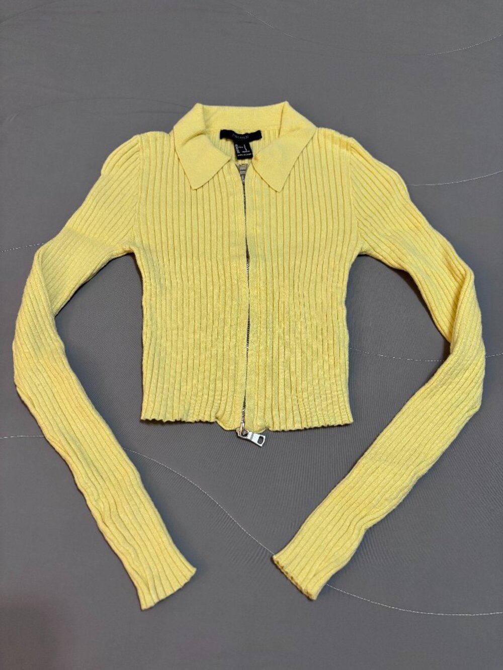 Forever 21 Yellow Ribbed Zip Front Collared Crop Top Size Small Y2K Long Sleeve